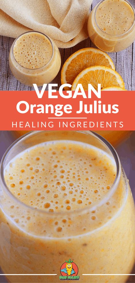 This Vegan Orange Julius is the perfect dairy-free Orange Julius recipe that's filled with the healing properties of fresh turmeric & ginger. If you're looking for a super healthy vegan Orange Julius recipe that's non-dairy and delicious, you've come to the right place. #veganorangejulius #veganorangejuliusrecipe #dairyfreeorangejulius #dairyfreeorangejuliusrecipe #nondairyorangejulius #nondairy #healthy #easy #dairyfree Dairy Free Orange Julius, Vegan Orange Julius, Healthy Orange Julius, Vegan Orange Recipes, Vegetarian Drinks, Orange Julius Recipe, Orange Julius, Vegan Drinks, Orange Recipes