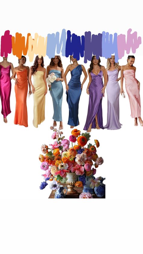 Wildflower Wedding Bridesmaid Dress, Bridesmaids Wear Whatever They Want, Spring Wedding Bridesmaids Dresses Different Colors, Wildflower Wedding Guest Dress, Bridesmaids Colorful Dresses, Bridesmaids All Different Colors, Satin Bridesmaid Dresses Multi Color, Bridemades Dresses Color, Bridesmaids Colour Palette