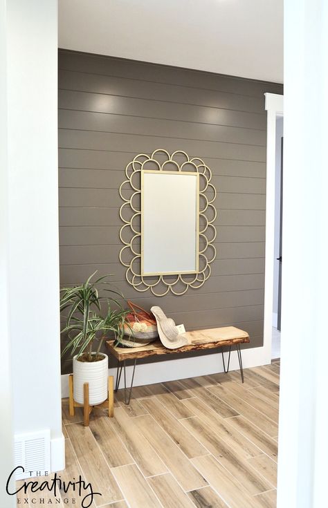 Painted shiplap accent wall in hallway. Shiplap Color Ideas, Entry Accent Wall Ideas, Shiplap Wall Color Ideas, Accent Wall Colours, Grey Shiplap Wall, Grey Shiplap, Wallpaper Living Room Accent Wall, Brick Wallpaper Living Room, Painted Shiplap