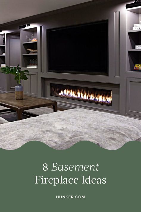 Basement Electric Fireplaces, Basement Fireplace Wall Ideas, Electric Fireplace In Basement Ideas, Modern Electric Fireplace Basement, Small Basement Fireplace Ideas, Basement Fireplaces Ideas, Diy Basement Fireplace, Basement Remodel Fireplace, Media Room Fireplace