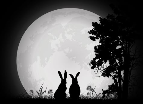 rabbit silhouette with full moon Moon Silhouette Art, Rabbit Moon Art, Moon Rabbit Aesthetic, Moon Silhouette Tattoo, Rabbit In The Moon, Full Moon Art, Forest Abstract, Rabbit Silhouette, Moon Rabbit