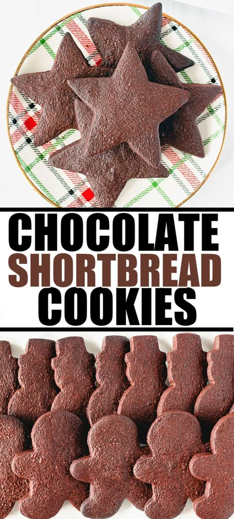 Shortbread Decorated Cookies, Chocolate Shortbread Cookies Christmas, Chocolate Short Bread Cookies, Chocolate Rolled Cookies, Chocolate Roll Out Cookies, Dark Chocolate Shortbread Cookies, Christmas Short Bread Cookies, Molded Cookies Recipes, Chocolate Xmas Cookies