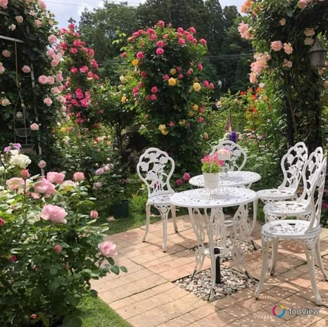 High Garden Aesthetic, Rose Garden Aesthetic Vintage, Backyard Tea Garden, Flower Garden Aesthetic, Overalls Fit, Garden Escape, Rose Garden Design, Style Overalls, Dream Life House