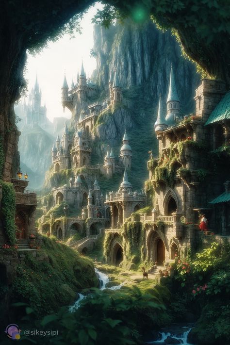 Mystical Elven City: AI Art Fantasy Realm* Immerse yourself in the mystical beauty of this AI-generated elven city nestled within towering cliffs. The intricate architecture and lush greenery create a breathtaking fantasy world that captivates the imagination. Perfect for fans of fantasy and digital art. #FantasyArt #Elves #AIArt #MysticalCity #DigitalArt Fairy City Fantasy Art, Elven City Fantasy Art, Elf Kingdom Fantasy Art, Elf City Fantasy Art, Elvish Kingdom, Elven Castle, The Seelie Court, Elven City, Intricate Architecture