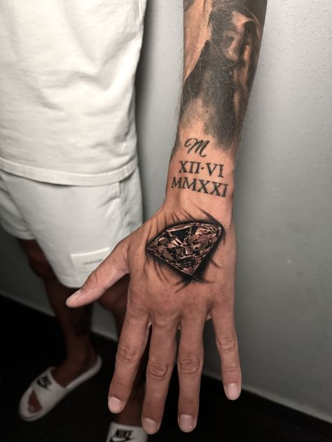 Realistic black and grey diamond tattoo done on hand ig: baro.tattooer Diamond Hand Tattoo, Realistic Diamond Tattoo, Diamond Tattoo, Diamond Tattoos, Original Tattoos, Grey Tattoo, Tat Ideas, Hand Tattoo, Grey Diamond