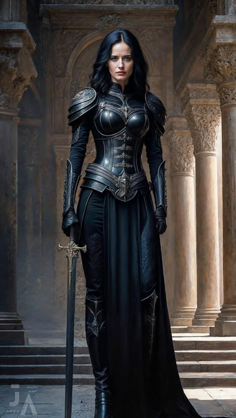 Black Dress With Slits On Both Sides, Black Armor Dress, Warrior Women Outfit, Dark Fantasy Costume, Armor Outfits Female, Dark Fantasy Outfits Art, Women In Armor Art, Elven Armor Female, Fantasy Guard Outfit