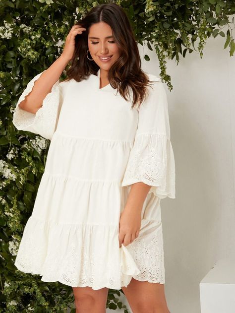 SHEIN Plus Eyelet Embroidery Flounce Sleeve Ruffle Hem Smock Dress | SHEIN Dresses Big Size, Big Size Dress, Eyelet Embroidery, Summer Plus Size, White Dress Summer, Flounce Sleeve, White Dresses, Smock Dress, White Casual