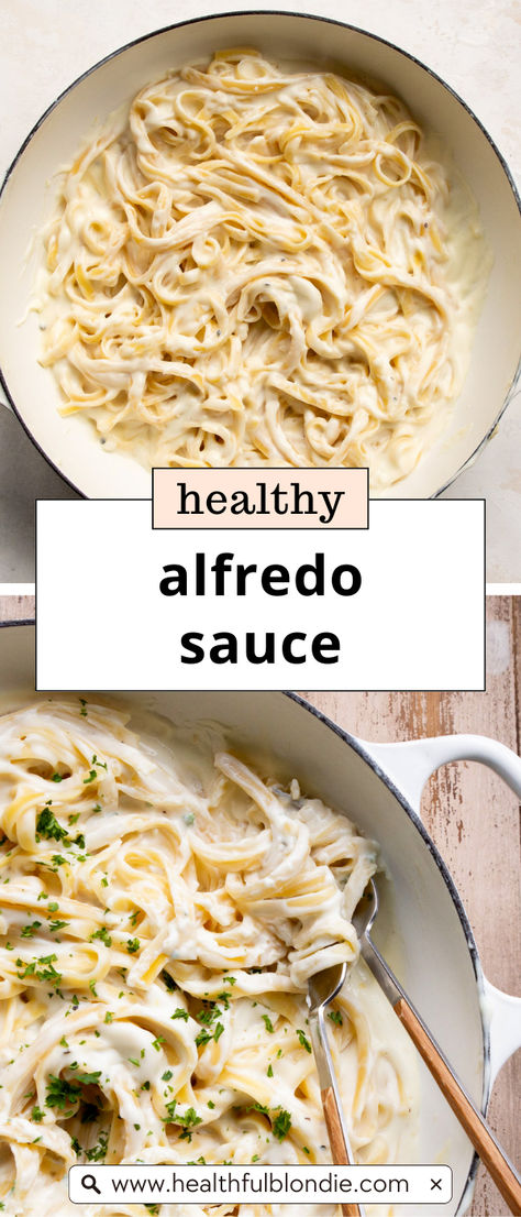 This secretly healthy Alfredo sauce is irresistibly creamy and rich, without any heavy cream or butter. Ready in under 20 minutes, it's lightened up with low-fat cream cheese, parmesan, and skim milk—making it the perfect choice for a quick and easy weeknight dinner! Easy Alfredo Sauce Without Heavy Cream, Alfredo Sauce With Greek Yogurt, Low Fat Alfredo Sauce Recipe, Healthy Cream Sauce For Pasta, Healthier Alfredo Sauce, Low Cal Alfredo Sauce, Alfredo Sauce Recipe No Heavy Cream, High Protein Alfredo Sauce, Alfredo With Cream Cheese