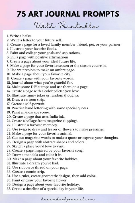 Art journal prompts list printable Layouts For Journaling, Art Therapy Journaling Prompts, Journals Design Ideas, Art Goals List, Art Journal Prompts Ideas, Journal Set Up, Scrapbook Journal Ideas Creative, Unique Journal Ideas, Fun Journal Ideas