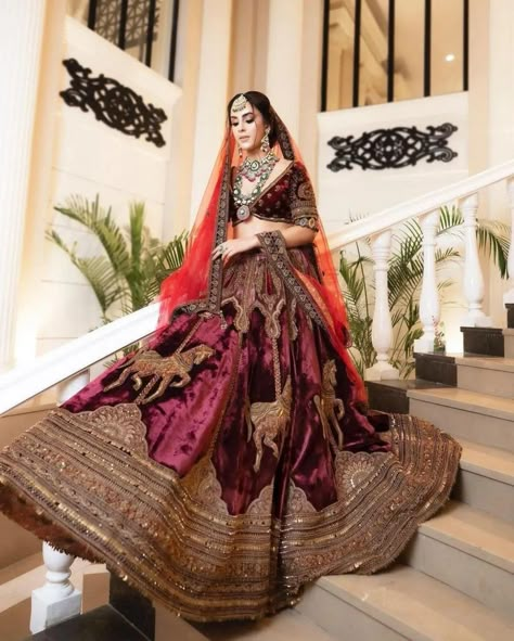 Colours To Consider When Choosing Your Bridal Lehenga! Dresses For Indian Wedding, Lehenga Poses, African Traditional Dress, Bride Lehenga, Rajasthani Bride, Latest Bridal Lehenga Designs, Red Bridal Dress, Velvet Lehenga, Bridal Lengha