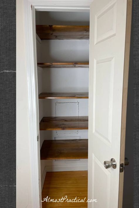 Wood Pantry Shelves, Pantry Makeover Diy, Small Linen Closet Organization, Desain Pantry Dapur, Diy Pantry Shelves, Wood Pantry, Pantry Renovation, Small Linen Closets, Pantry Shelves