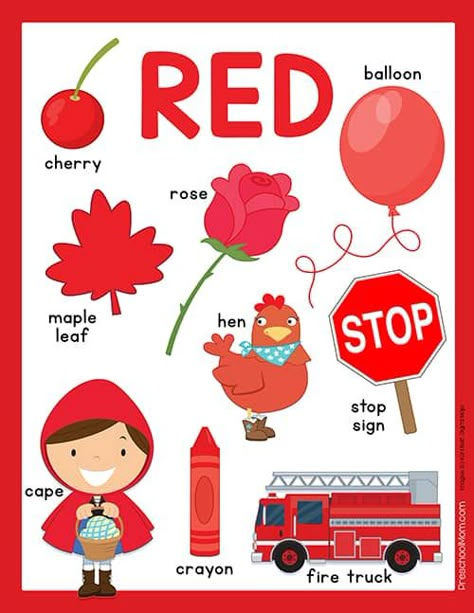 Preschool Color Charts - Preschool Mom Printable Color Chart Preschool, Colours Charts For Preschool, Red Colour Objects For Preschool, Red Objects Preschool, Colors Printables For Toddlers, Colors For Kindergarten Learning, The Color Red Preschool, Things That Are Red Preschool, Colours Chart For Preschool