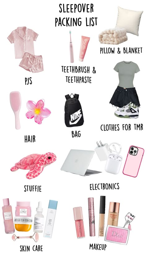 Sleepover Packing, Sleepover Packing List, Trip Essentials Packing Lists, Teen Sleepover Ideas, Fun Sleepover Activities, Sleepover Essentials, Sleepover Tips, Sleep Over Ideas, Road Trip Kit