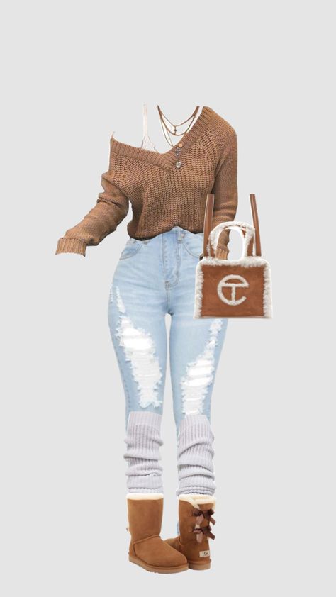 Ugg Christmas Outfit, Wristlet Outfit Ideas, Telfar X Ugg Outfit, Thanksgiving Outfit In Florida, Brown Ugg Boots Outfit Black Women, Birthday Outfit For Winter Women, Brown Outfits For Black Women Winter, Bailey Bow Uggs Outfit Ideas, Outfit With Brown Sweater