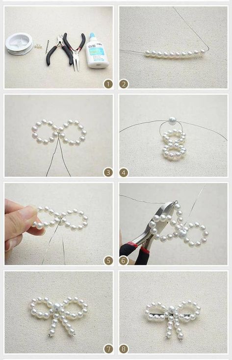 Pearl Accessories Diy, How To Make A Bow With Beads, Beaded Bow, Seni Dan Kraf, Diy Jewelry Unique, Pearl Bow, Bead Charms Diy, Beaded Necklace Diy, Diy Bracelet Designs