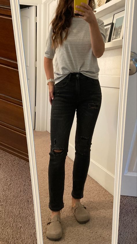 Casual Outfits Work Jeans, Black Leggings And Birkenstocks Outfit, Taupe Flats Outfit, All Black Mom Outfit, Leggings And Birkenstock Clogs, Black And White Striped Tee Outfit, Taupe Clogs Outfit, Black Jean Work Outfit, Black Clog Outfit