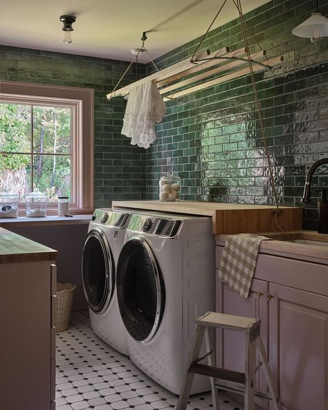 This sweet laundry room underwent a simple refresh with a touch of paint and carefully chosen tile. Simple, but it sure looks… | Instagram Tiled Utility Room, Tiled Utility Room Walls, Tiles Laundry Room, Laundry Tile Ideas, Utility Room Tiles, Checkered Laundry Room, Laundry Subway Tiles, Laundry Green Tiles, Tile Behind Utility Sink