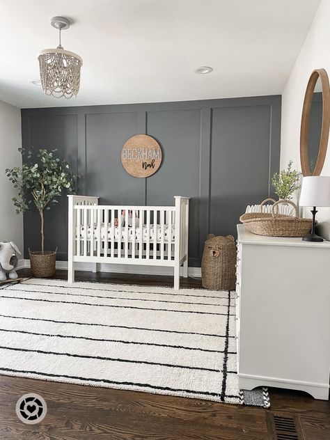 Gender Neutral Nursery With Accent Wall, Teal Accent Wall Nursery, Nursery Room Accent Wall Ideas, Neutral Nursery With Blue Accents, Nursery Accent Wall Neutral Paint, Trim Accent Wall Nursery, Gender Neutral Accent Wall Nursery, Accent Wall Baby Boy Nursery, Boy Nursery Wallpaper Accent Wall