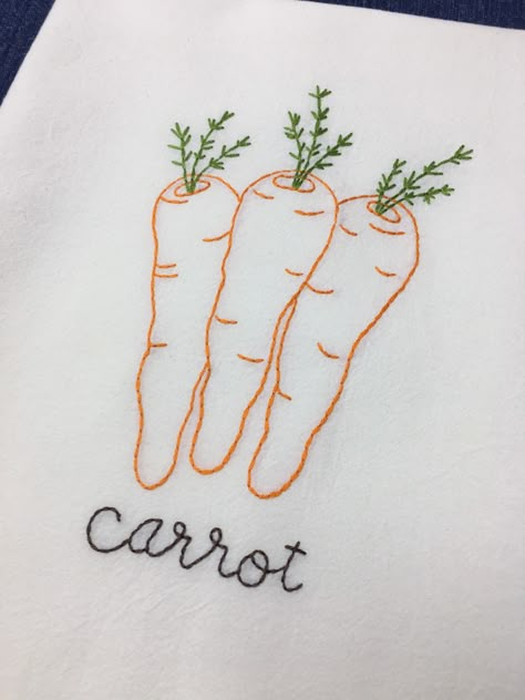 Carrot Embroidery, Simple Hand Embroidery Designs, Tea Towel Embroidery, Embroidery Trends, Embroidery Kitchen Towels, Tea Towels Embroidery, Embroidery Kitchen, Hand Embroidery Patterns Free, Embroidery Lessons