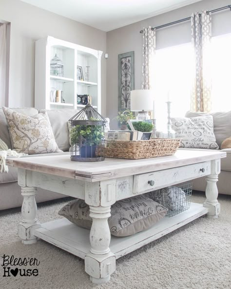 Chippy White Lime Finished Coffee Table | Bless'er House -  Love the lime waxed natural top! Stile Joanna Gaines, Shabby Chic Coffee Table, Modern Living Room Table, Muebles Shabby Chic, Farmhouse Living Room Decor Ideas, White Coffee Table, Rustic Farmhouse Living Room, Chic Coffee Table, Shabby Chic Living