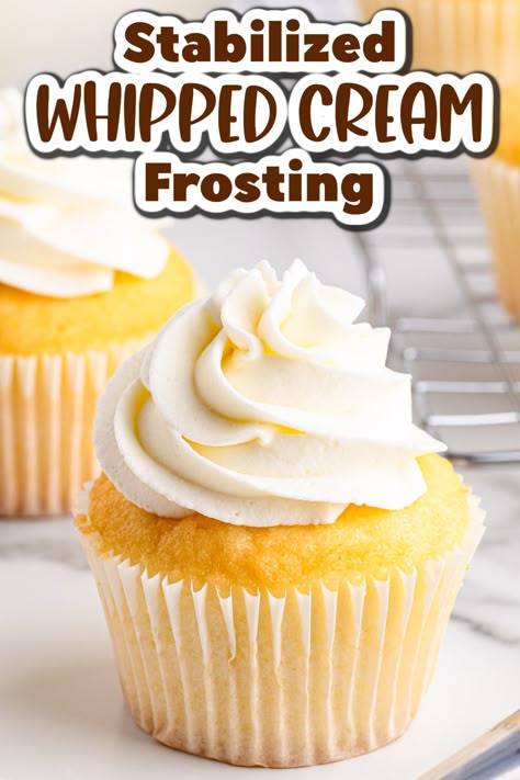 This fluffy Stabilized Whipped Cream Frosting is a velvety sweet topping or filling for cakes, cupcakes, and more. With a secret ingredient that stabilizes the cream, this easy recipe makes a delicious frosting that comes out thick, creamy, and perfectly pipeable. Whipped Cream Vanilla Frosting, Heavy Whipping Cream Frosting, Whipped Frosting Recipe, Topping Für Cupcakes, Sturdy Whipped Cream Frosting, Whip Cream Frosting, Frosting Flavors, Whipped Buttercream Frosting, Cream Frosting Recipe