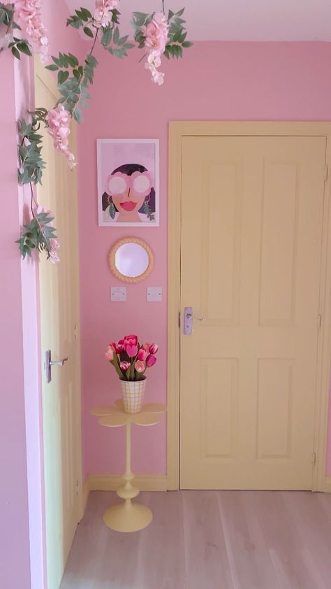 Pink And Yellow Interior Design, Pink Paint Room Ideas, Pink And Yellow Wall Paint, Kate Rose Morgan, Pink And Yellow Bathroom Decor, Pink Yellow Room Decor, Pastel Salon Decor, Pastel Dressing Room, Pink And Yellow House Decor