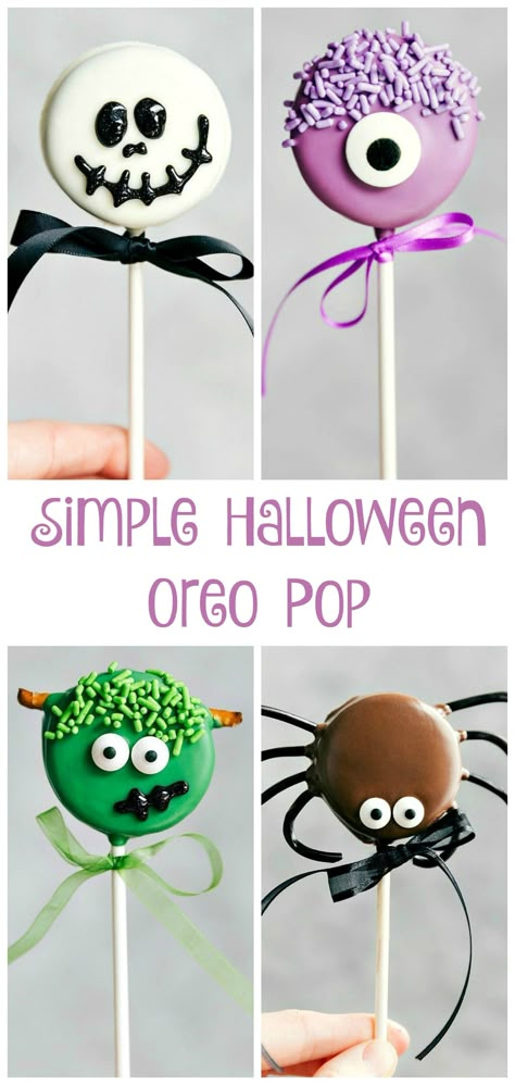 Skeleton Oreo Pops, Halloween Oreo Pops Easy, Easy Halloween Cake Pops Ideas, Monster Oreo Pops, Oreo Stick Pops, Halloween Treat Ideas To Sell, Halloween Treat Decorating For Kids, Oreo Cake Pops Halloween, Halloween Kids Party Food Snacks Ideas