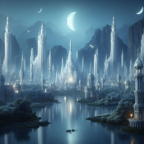 Mythical World Art, Moon City Fantasy Art, Moon Temple Fantasy Art, Sea City Fantasy Art, Fantasy Ocean Kingdom, Sea Kingdom Aesthetic, Moon Kingdom Fantasy Art, Magic City Fantasy Art, Fantasy Kingdom Inspiration