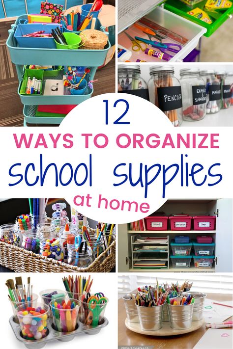 Find out how to organize school supplies at home!  If your kids are having a hard time adjusting to virtual learning, a homework station might be just what you need.  Here are 12 awesome ways to organize your kid's school supplies using items you probably already have around the house. Organize School Supplies At Home, Organize School Supplies, Kids School Organization, Home School Organization, Kids Homework Station, School Paper Organization, Organize School, School Supply Storage, Homeschool Room Organization