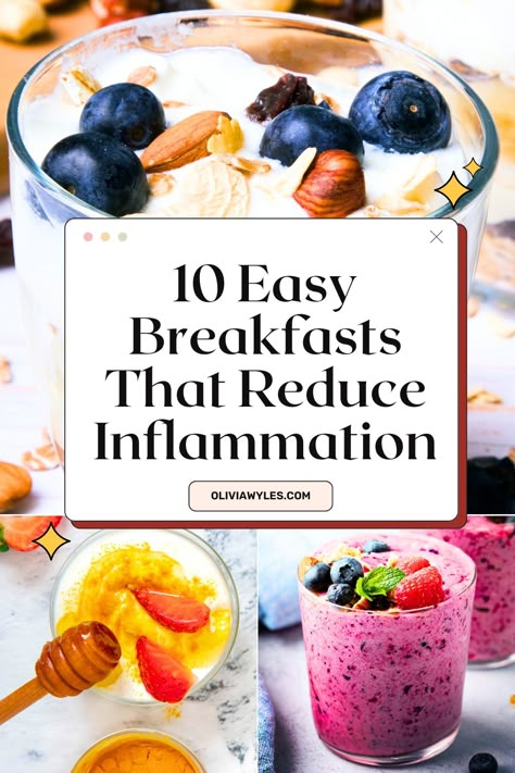 10 Quick & Easy Anti-Inflammatory Breakfast Ideas | Recipes That'll Reduce Inflammation | Looking for quick and easy breakfast ideas that help fight inflammation? These 10 anti-inflammatory breakfasts are packed with nutrient-dense ingredients like turmeric, ginger, berries, and avocado. Perfect for busy mornings, these recipes will nourish your body and keep you feeling energized all day. Pin now and start your day with a healthy, delicious meal! Food For Healthy Stomach, Healthy Non Inflammatory Breakfast, Meals To Reduce Inflammation, Pagen Diet Recipes, Breakfast For Liver Health, Reduce Inflammation Recipes, Anti Inflammation Cleanse, Anti Inflamation Meals, Anti I Flammatory Breakfast