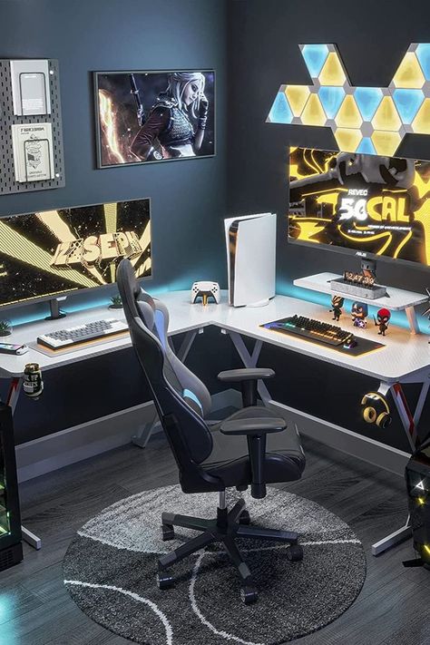 L Shaped Desk Gaming Setup, Desk L Shape, Pc Gaming Table, White L Shaped Desk, Corner Gaming Desk, L Shaped Gaming Desk, Gamer Desk, Table Pc, Gaming Desk Setup