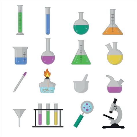 Set of science lab equipment. Beakers, flasks and test tubes for scientific experiments. Vector Illustration isolated on white background. Science Lab Equipment, Laboratory Apparatus, Scientific Experiment, Boho Wallpaper, Test Tubes, Laboratory Equipment, Beakers, Cute Emoji Wallpaper, Lab Equipment