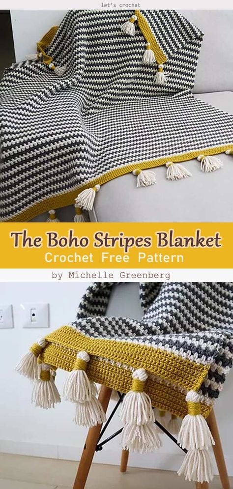 The Boho Stripes Blanket Free Crochet Pattern Boho Blanket Crochet Pattern, Crochet Boho Afghan, Ideas For Crochet Blankets, Boho Afghan Crochet Pattern, Striped Crochet Pattern, Modern Baby Blankets Crochet, Modern Blanket Crochet, Boho Stripes Crochet Blanket, Simple Striped Crochet Blanket