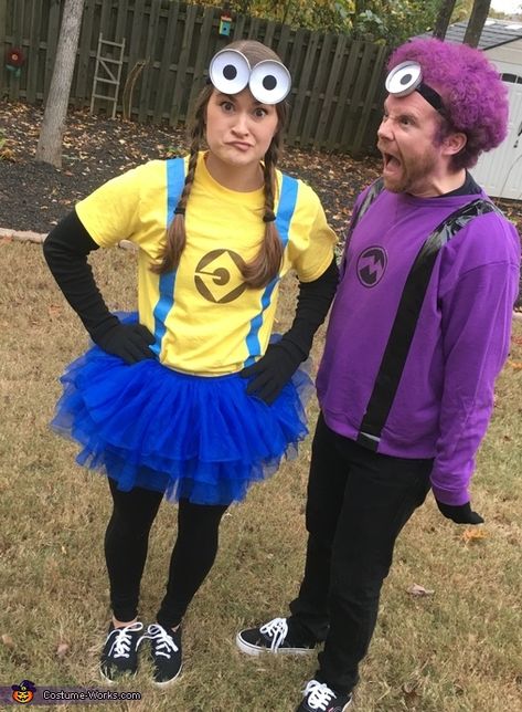 Jessica: My husband and I are wearing the costumes. I was a yellow minion and he was a purple minion. His hair is NOT a wig! We picked it out and... Minion Costumes Tutu, Simple Minion Costume, Minion Costumes For Adults, Purple Minions Costume, Minion Adult Costume Diy, Minion Adult Costume, Minions Couple Costume, Minions Diy Costume, Minion Costumes Diy Women