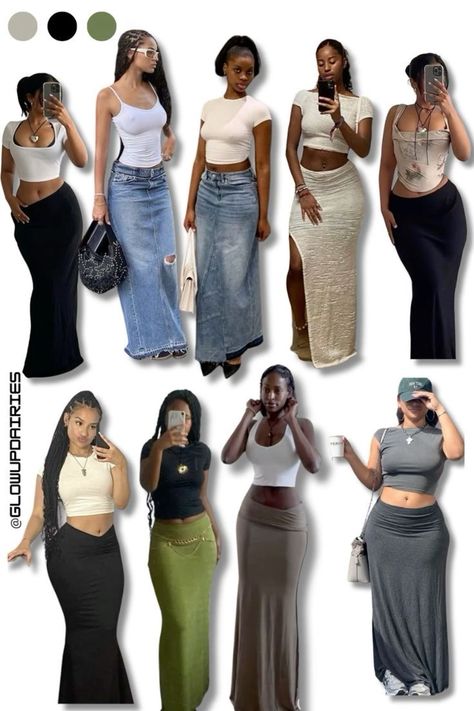 Black Maxi Skirt Street Style, Outfit With Jorts And Crop Top, Y2k With Skirt, Baddie Long Skirt Outfits, Grey Maxi Skirt Outfit Black Women, Crop Top Over Dress Outfits, Street Skirt Outfits, Outfits For Long Skirts, Maxi Skirt And Corset Outfit