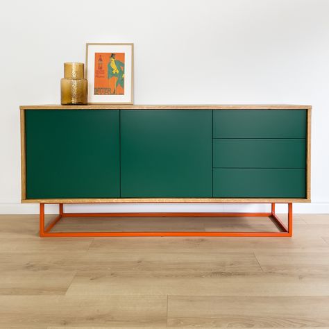 This sideboard is made of real natural oak wood and the surface of the wood has only been treated with oil. Bring your living space or office to life with the vibrant sideboard. It seamlessly blends classic and contemporary elements, allowing you to add a splash of colour or keep things simple.  TO CREATE YOUR STYLE USE OUR CONFIGURATOR HERE: https://pinkandbird.com/products/sparkle DIMENSIONS & DETAILS   Size of the sideboard: 154 W x 45 D x 73 H cm Weight of the sideboard: 80 kg  2 doors 2 int Side Board Ideas, Orange Sideboard, Sideboard Styling, Green Sideboard, Green Doors, Furniture Colour, Sideboard Styles, Sideboard Modern, House Makeovers