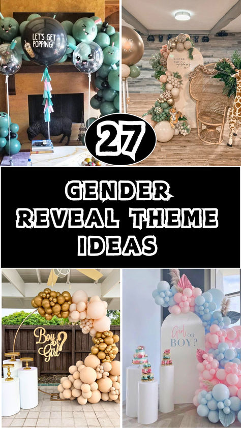 Collage of gender reveal theme ideas featuring creative balloon decorations, unique setups like 'Let's Get Popping,' safari-inspired decor with giraffes, and elegant boy-or-girl pastel displays. Perfect for planning a memorable gender reveal party!