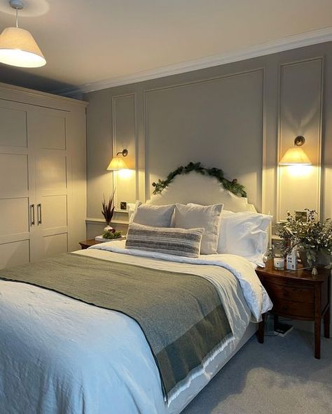 Bedside Wall Lights On Panelling, Bedroom Panelling Wall Lights, Bedside Table Lights Wall, Panels Behind Bed, Bedroom Wall Beading, Bedroom Panelling With Wall Lights, Panelling Behind Bed Bedroom Wall, Panelled Bedroom Wall Headboards, Panelling Small Bedroom