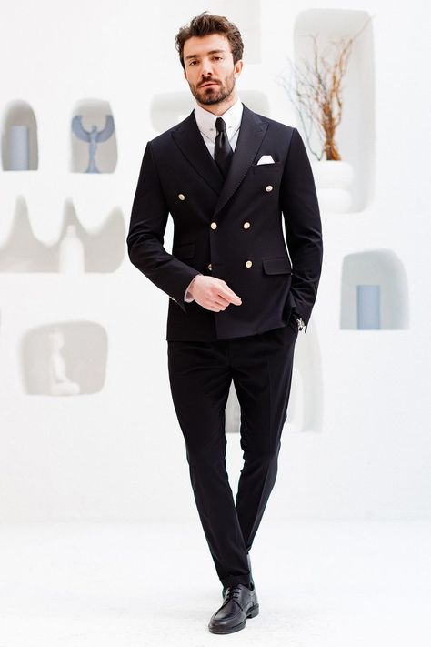 Suit Men Ideas, Black Double Breasted Suit Men, Black Tuxedo Wedding, Black Double Breasted Suit, Double Breasted Suit Men, Designer Tuxedo, Suit Styles, Suit Stores, Black Suit Men