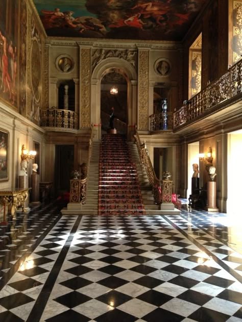 Grand Foyer Entrance with black and white Harlequin marble floor Entrance Tiles, Grand Foyer Entrance, Checkered Flooring, Dark Academia House, Academia House, Inside Castles, Manor Interior, Victorian Home Interior, Foyer Entrance