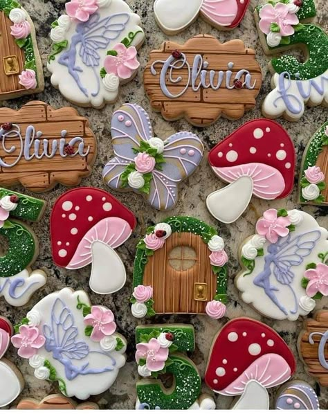 Fairy Theme 2nd Birthday Party, Fairy Birthday Party Cookies, Cottagecore Birthday Party Food, Cottagecore Balloon Arch, Enchanted Forest Theme Cookies, Woodland Fairy Cookies, One Year Old Fairy Photoshoot, Fairy 1st Birthday Cookies, Fairy Themed First Birthday Party