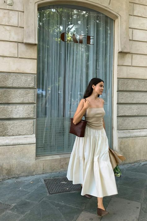 Teacake Skirt | Tiered Flare Skirt in Cream Colour | Something to Hold Flared White Skirt Outfit, Outfits With Cream Skirt, Bustier Skirt Outfit, Midi Skirt White Outfit, White Full Skirt Outfit, Tan Linen Skirt Outfit, Ecru Skirt Outfit, Long White Cotton Skirt Outfit, Maxi Tiered Skirt Outfit