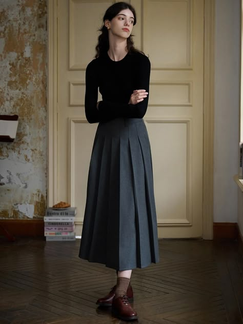 This classic skirt features wide A-line silhouette in maxi length. Pleated detail accentuates the feminine, sophisticated mood. - Intended for a loose fit- Minimalistic design in long length- Voluminous pleats throughout- Side zip fastenings- Casual belt loops at waist Uniform With Long Skirt, Long Line Outfits, Long Uniform Skirt, Skirt Tomboy Outfit, Long Skirt And Button Up Shirt, Long Skirts Outfit Winter, Conservative Business Attire Women, Maxi Skirt Outfit Autumn, Wide Skirt Outfit