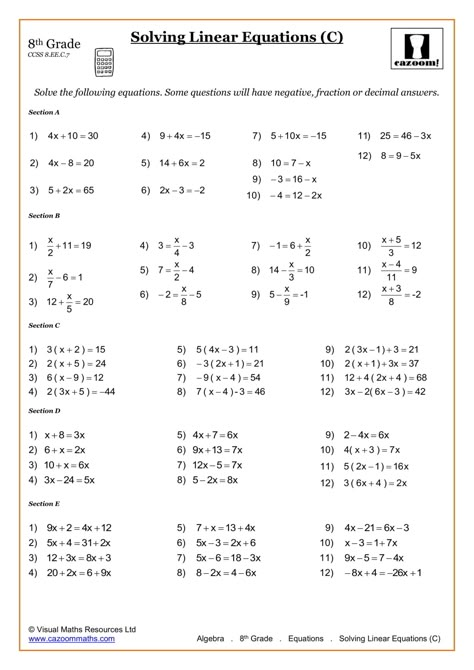 8th Grade Math Worksheets Grade 8 Math Worksheets With Answers, Solving Linear Equations Worksheet, 8th Grade Math Worksheets With Answers, Algebra Worksheets For Grade 6, Basic Algebra Worksheets With Answers, 8th Grade Worksheets Free Printable, Math 5th Grade Worksheets, Solving Fractions, Math Worksheets 6th Grade