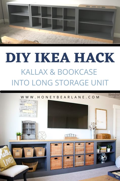 Ikea Hacks Kallax Bookcase, Kallax Bookcase Hack, Ikea Storage Ideas Wall Units, Ikea Under Tv Storage, Transform Living Room On A Budget, Living Storage Ideas, Entertainment Center Ideas Ikea, Tv And Playroom Ideas, Winter Styles 2023