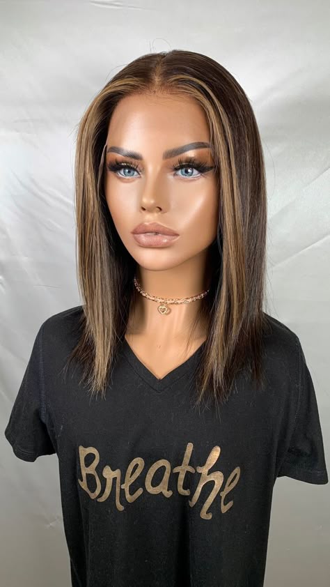 Preorder *Mia* | Medium brown hair with highlights, Highlights brown hair, Front hair styles Highlights And Face Framing, Popular Bob Haircuts, Medium Brown Hair With Highlights, Face Framing Highlights, Warm Brown Hair, Rambut Brunette, Warm Highlights, Short Hair Highlights, Framing Highlights