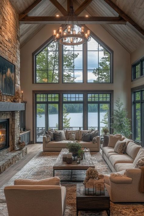 Tall Window Living Room, Farmhouse Tall Ceilings, Living Room With Peaked Ceiling, Tall Ceiling Beams, Tall Windows Living Room High Ceilings, Vaulted Living Room With Fireplace, Floor To Ceiling Living Room, Cabin Living Room Ideas, Great Room Ideas