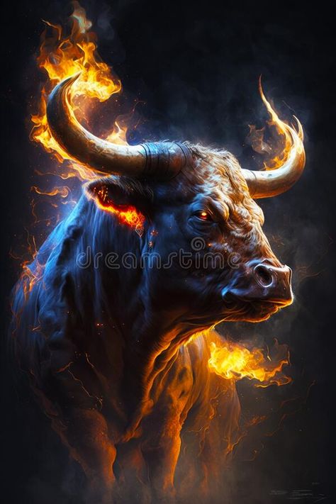 Image of bull with flames around it&#x27;s eyes and horns. Generative AI royalty free stock photography Taurus Bull Tattoos, Bull Artwork, Bull Images, Bull Tattoo, Wild Bull, Taurus Art, Taurus Bull, Bull Art, Bull Tattoos