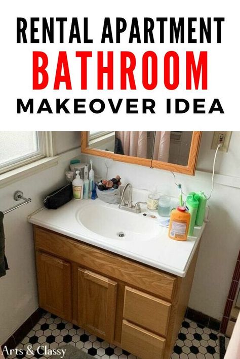 Just because you are living in a rental doesn't mean you can't have a beautiful bathroom. Check out this creative temporary bathroom makeover by using contact paper to cover walls and cabinet doors. Check out the before and after photos for this apartment bathroom update on a budget. #diy #rental #makeover Updating Apartment Bathroom, Temporary Bathroom Makeover, Apartment Bathroom Diy Rental, Rental Bathtub Makeover, Contact Paper Bathroom Sink, Contact Paper Bathroom Walls, Outdated Bathroom Makeover Rental, Renter Friendly Bathroom Counter, Temporary Cabinet Cover