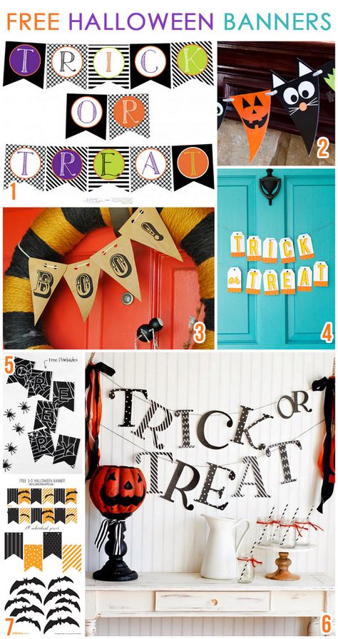 7 CUTE & Free Halloween Printable Banners for decorating your mantel, office, party table, door, etc! Halloween Banner Free Printable, Free Fall Banner Printable, Halloween Flag Free Printable, Halloween Printable Banner Free, Halloween Trick Or Treat Sign Printable Free, Printable Halloween Decorations, Halloween Memes, Halloween Printables Free, Halloween Banner